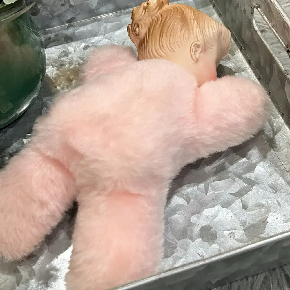 Vintage Bantam Rubber Face Snow Bunny Rabbit Baby Doll Stuffed Animal Pink Plush